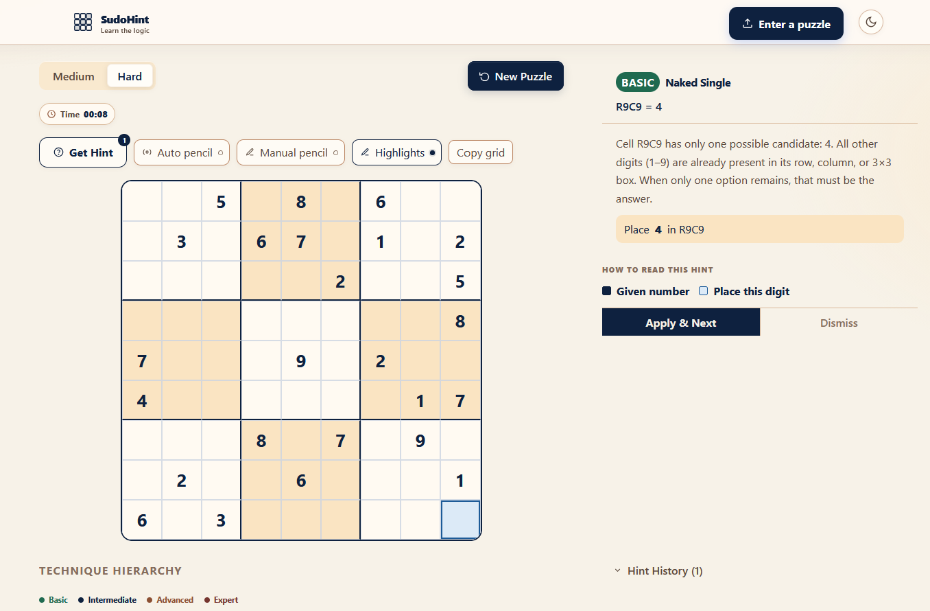 SudoHint - Client-side Sudoku learning app with hints, image import, OCR review, and candidate notes
